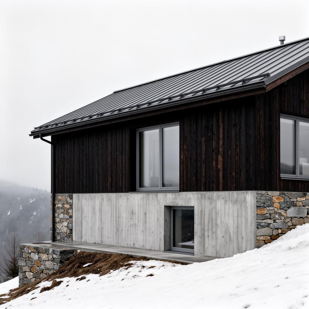 Contemporary alpine residence with dark timber cladding, stone base and concrete walls