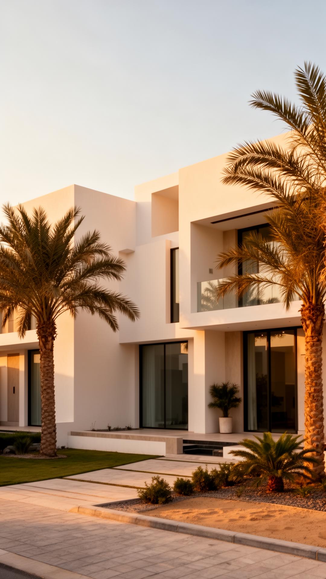 Contemporary villa exterior in Dubai Al Barsha at golden hour