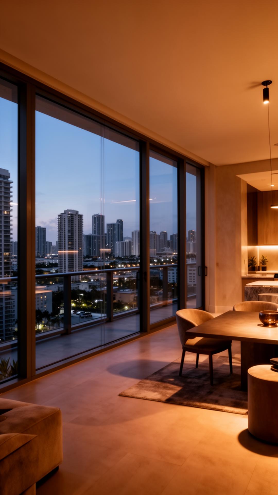 Brickell penthouse interior at dusk with skyline view
